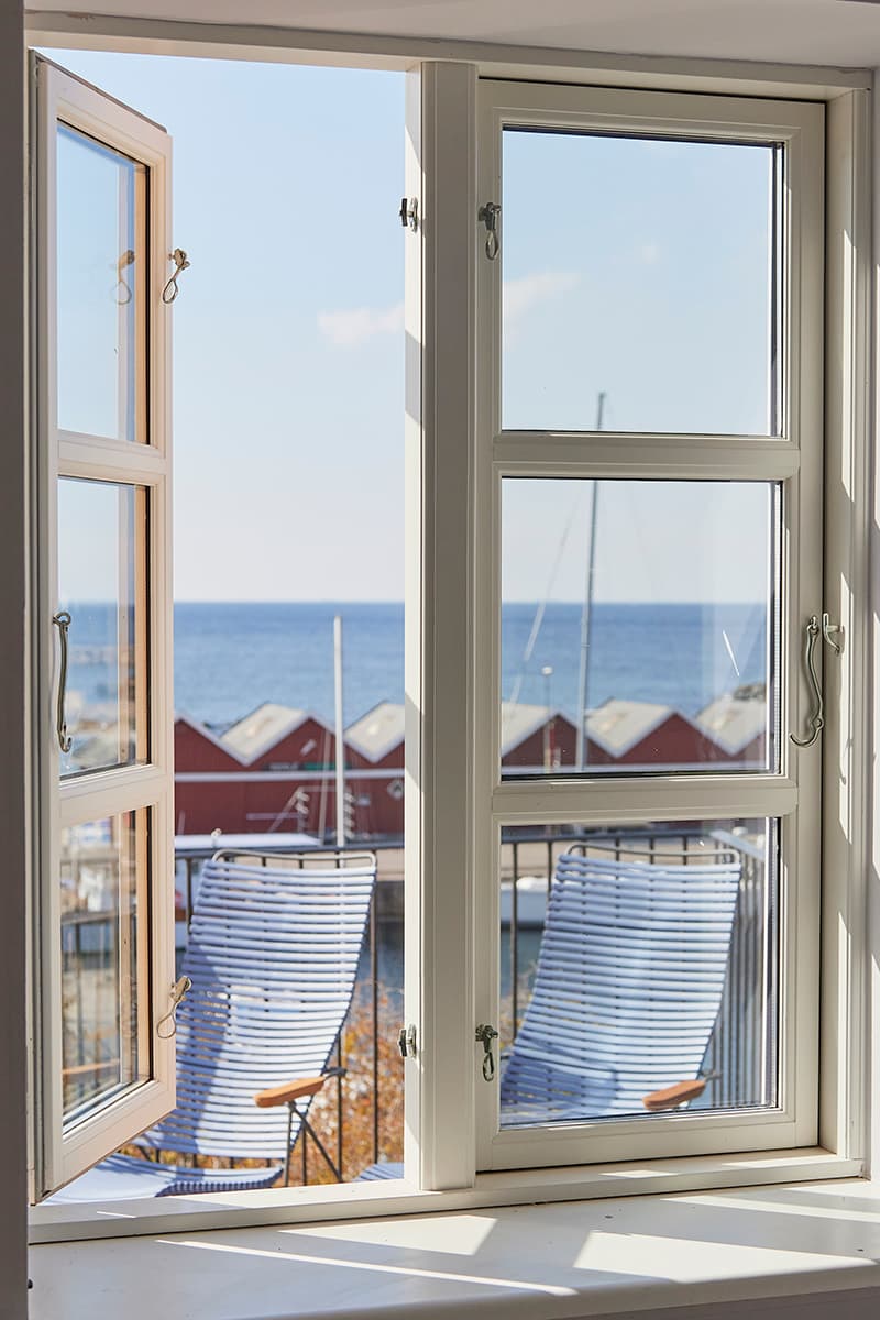 Sea and harbour view from a hotel room window