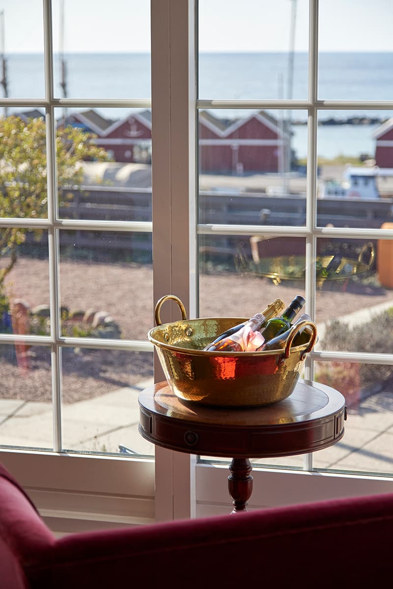 View from Restaurant Kysten through the restaurant terrace doors and with wine on ice